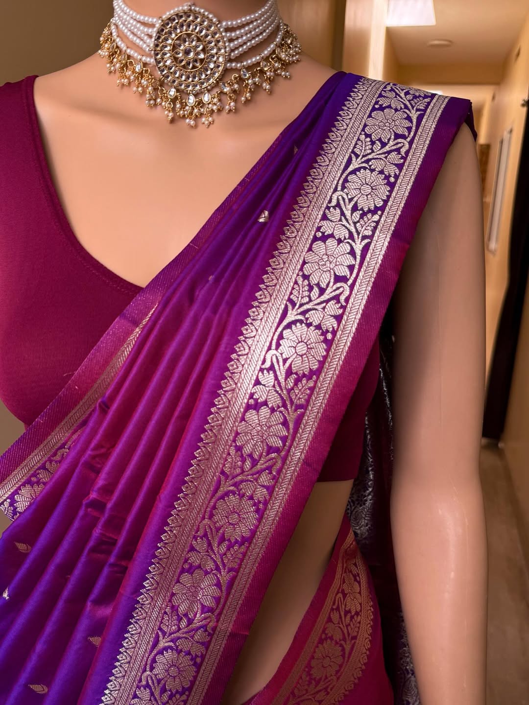 PURPLE SOFT SILK SAREE WITH GOLDEN ZARI WEAVE BORDER