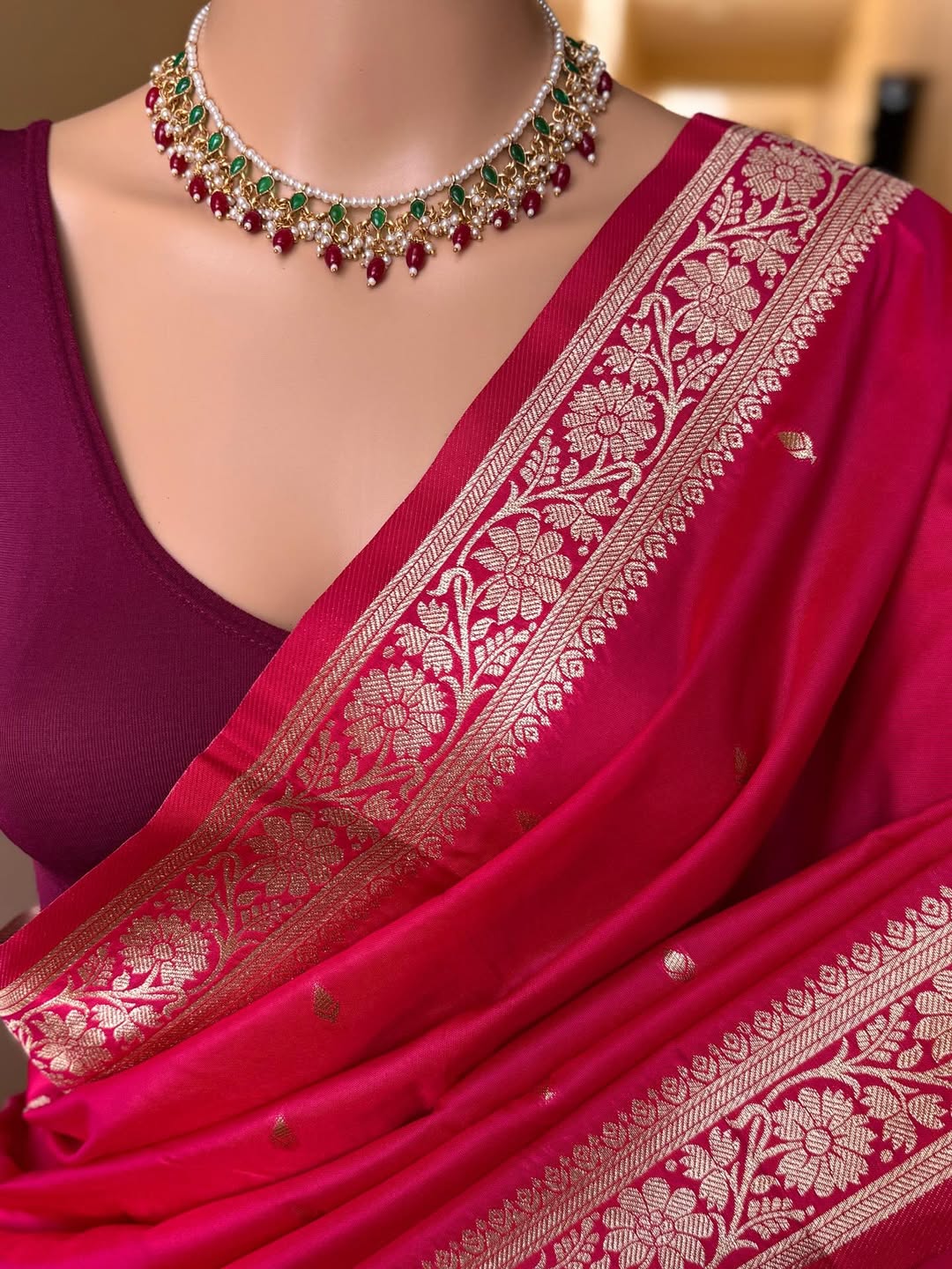 RANI PINK DUAL TONE SOFT ART SILK SAREE WITH GOLDEN ZARI WEAVE BORDER
