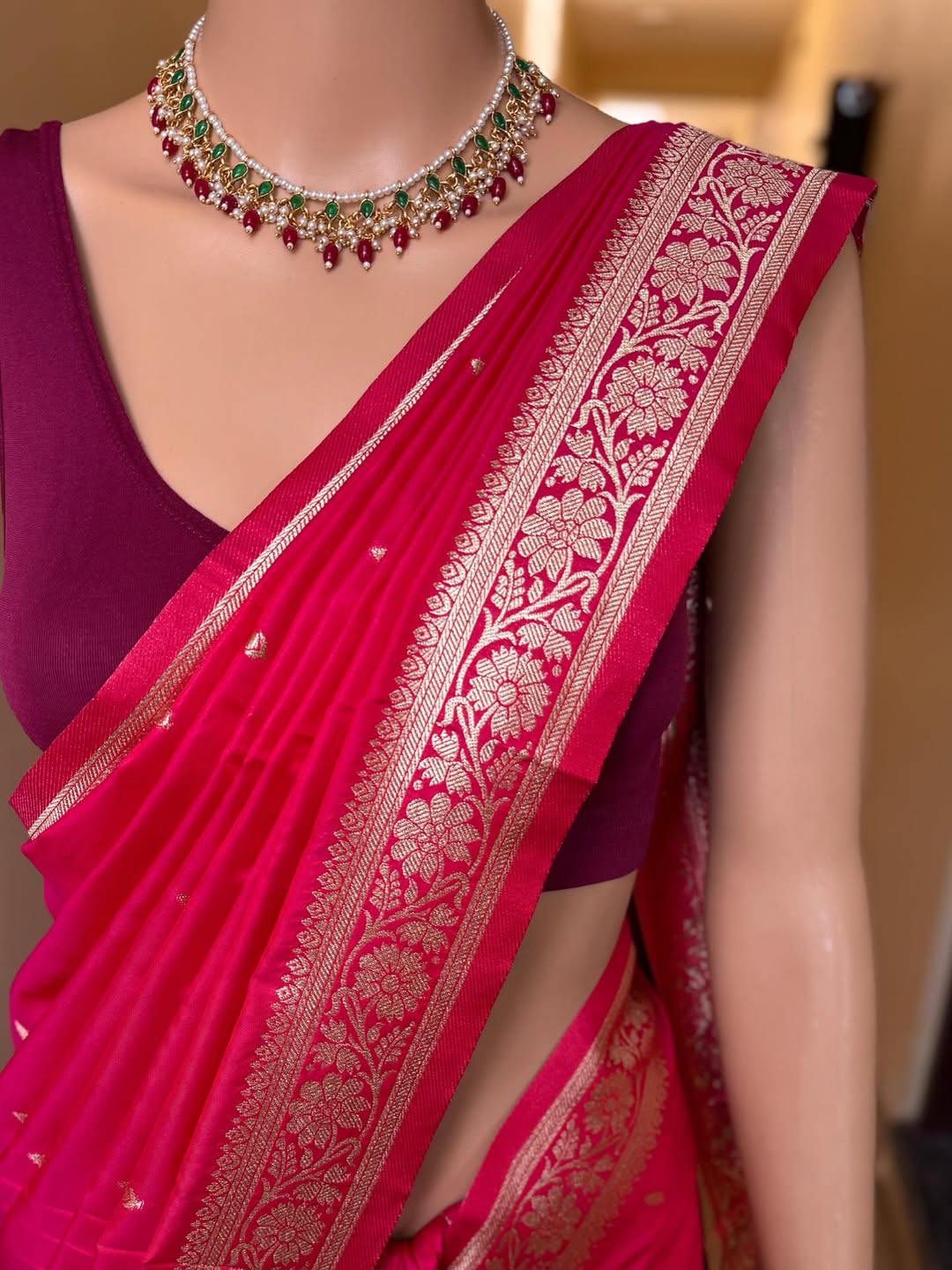 RANI PINK DUAL TONE SOFT ART SILK SAREE WITH GOLDEN ZARI WEAVE BORDER