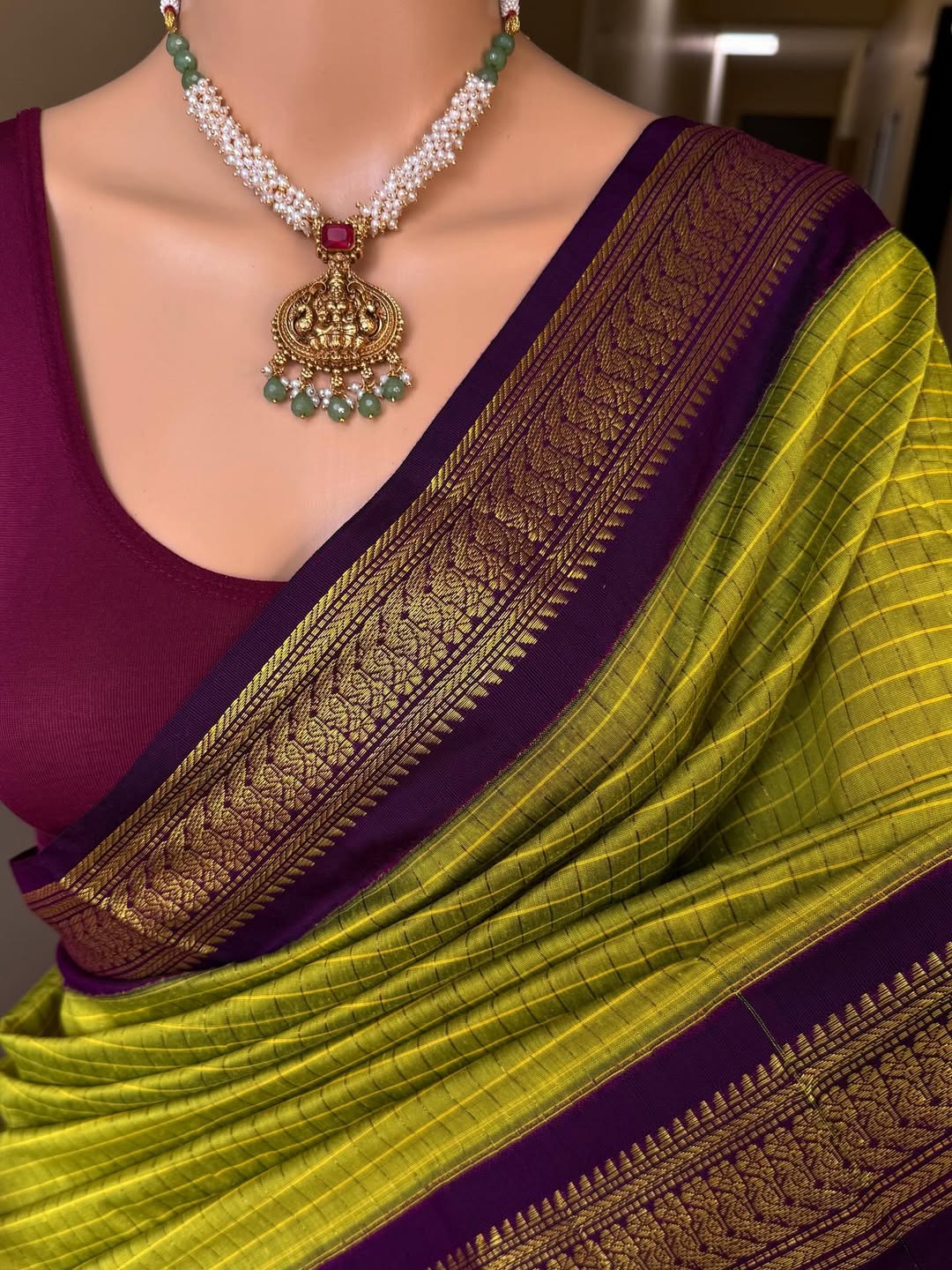 PEAR GREEN CHECKS KATTAM COTTON SILK SAREE WATH MAGENTA BORDER