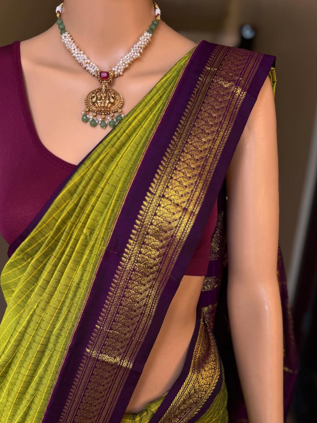 PEAR GREEN CHECKS KATTAM COTTON SILK SAREE WATH MAGENTA BORDER