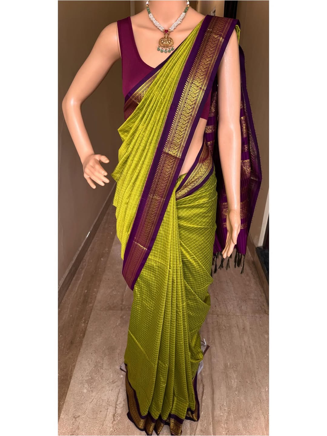 PEAR GREEN CHECKS KATTAM COTTON SILK SAREE WATH MAGENTA BORDER