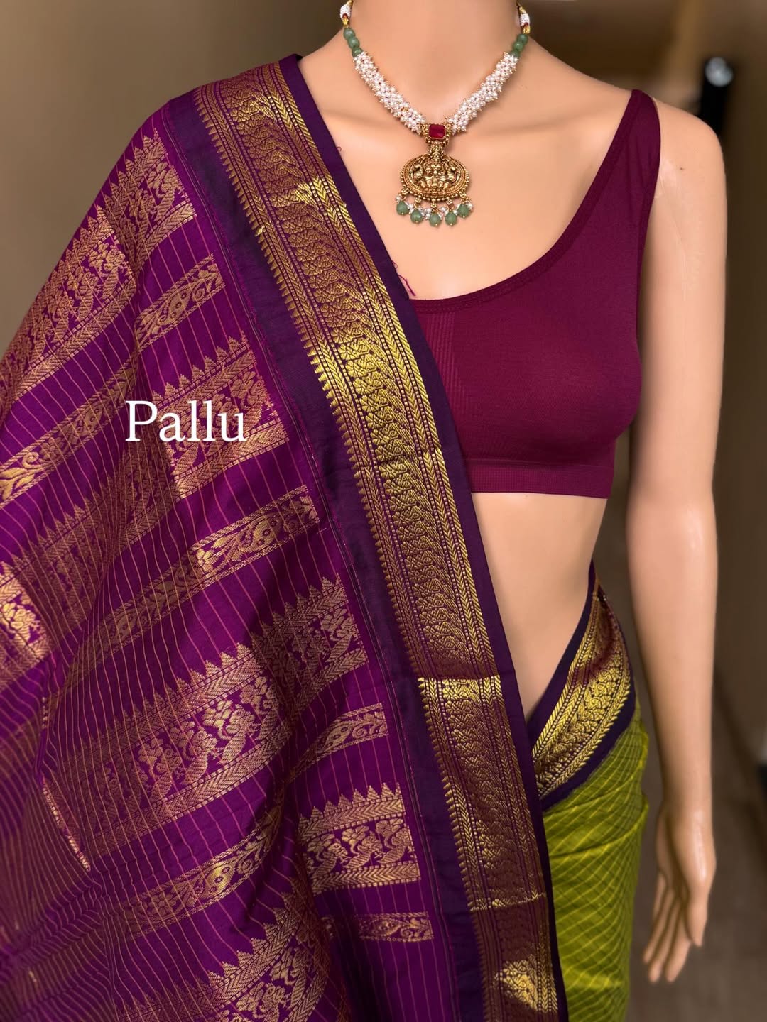 PEAR GREEN CHECKS KATTAM COTTON SILK SAREE WATH MAGENTA BORDER