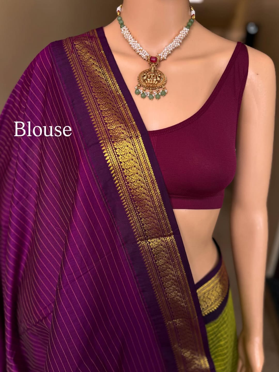 PEAR GREEN CHECKS KATTAM COTTON SILK SAREE WATH MAGENTA BORDER
