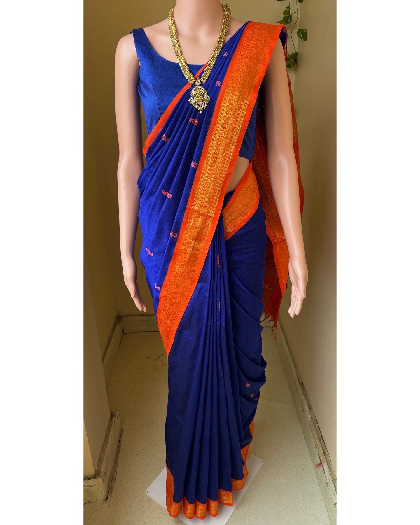 PEPSI BLUE COTTON SILK SAREE WITH PEACOCK BORDER