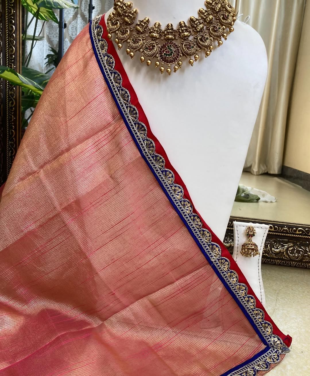 PINK ORANGE TISSUE SILK SAREE WITH RED BLUE GANGA JAMUNA BORDER