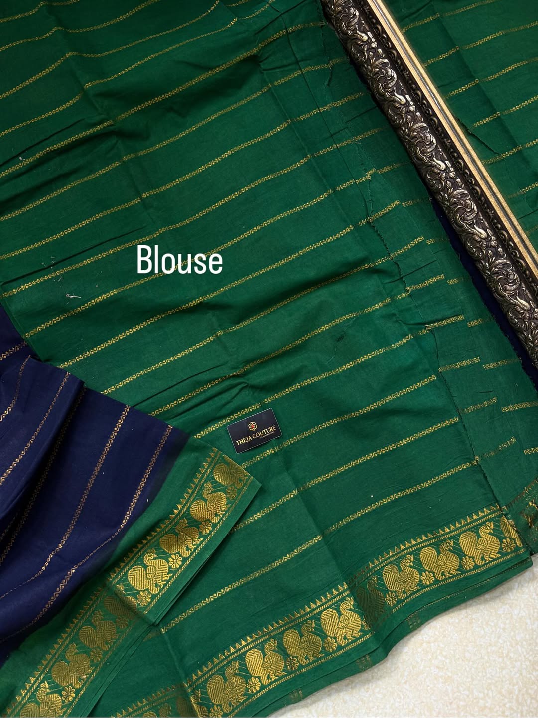 NAVY BLUE SUNGUDI COTTON SAREE WITH GREEN BORDER