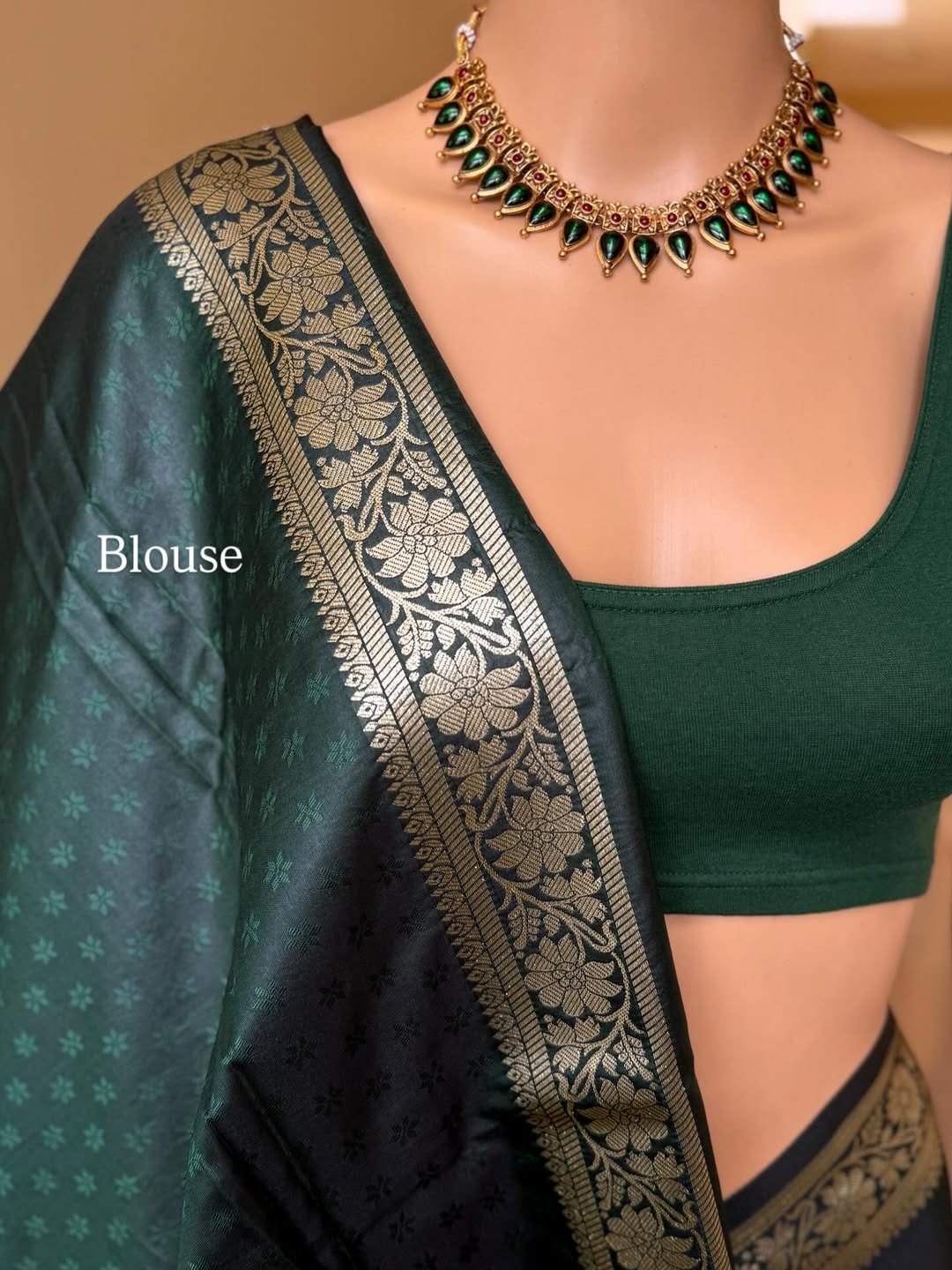 BOTTLE GREEN SOFT SILK SAREE WITH GOLDEN ZARI WEAVE BORDER