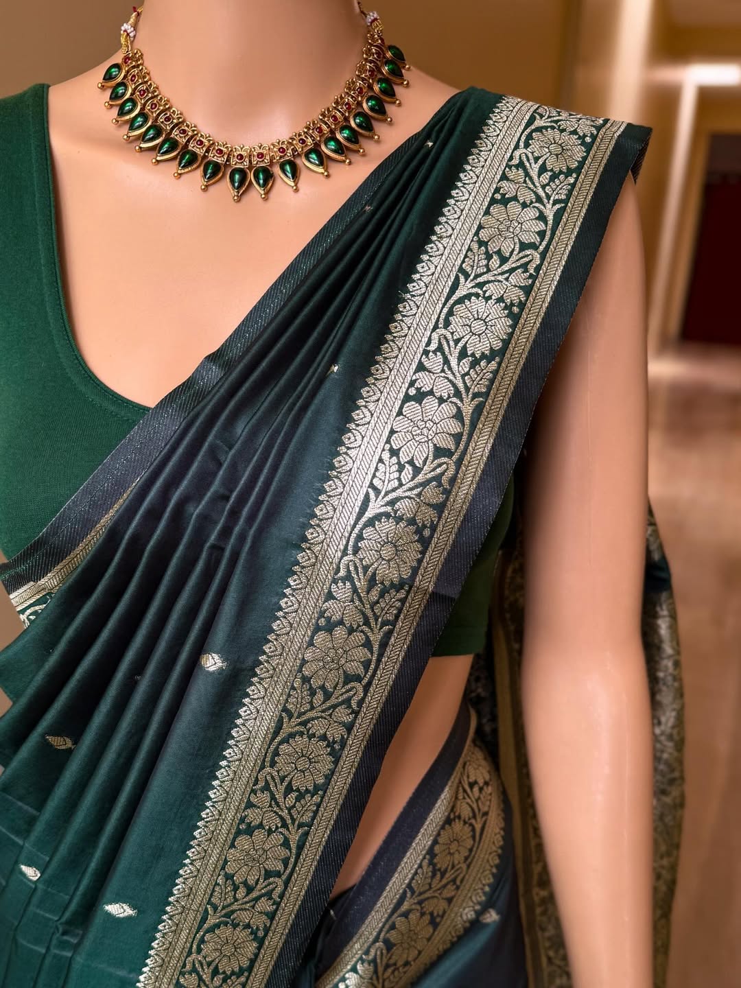 BOTTLE GREEN SOFT SILK SAREE WITH GOLDEN ZARI WEAVE BORDER