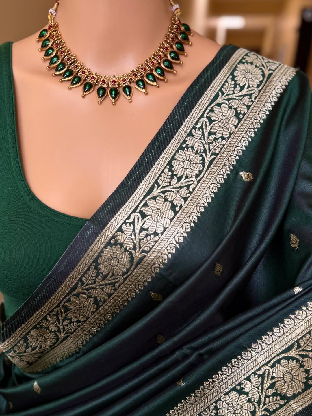 BOTTLE GREEN SOFT SILK SAREE WITH GOLDEN ZARI WEAVE BORDER