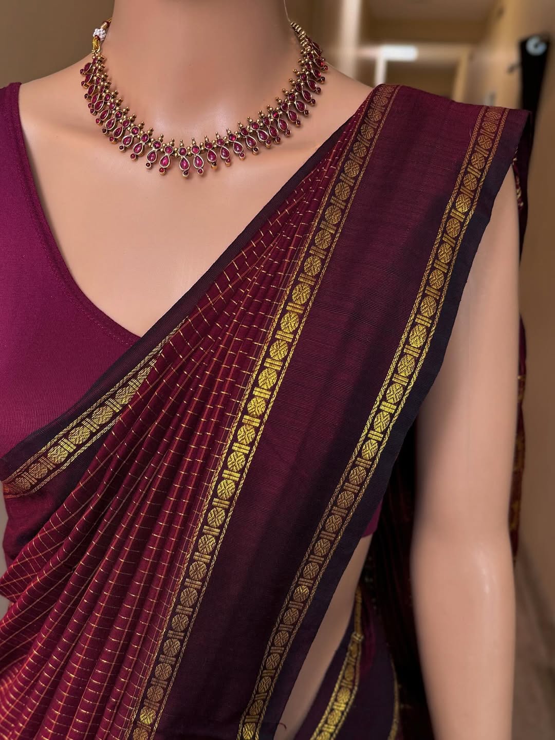 MAROON TRADITIONAL KATTAM COTTON SILK SAREE WITH RUDRAKSHA BORDER