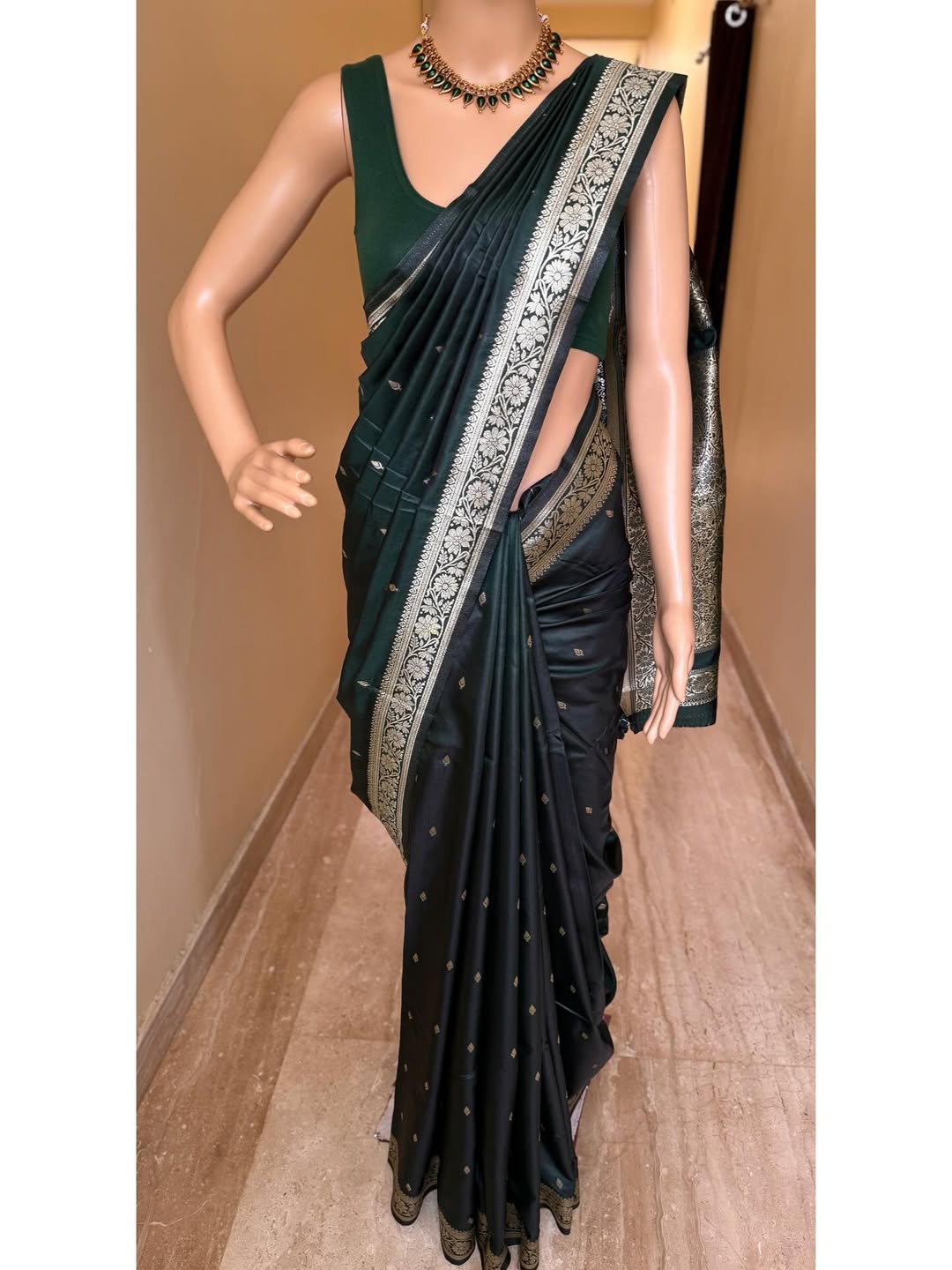 BOTTLE GREEN SOFT SILK SAREE WITH GOLDEN ZARI WEAVE BORDER