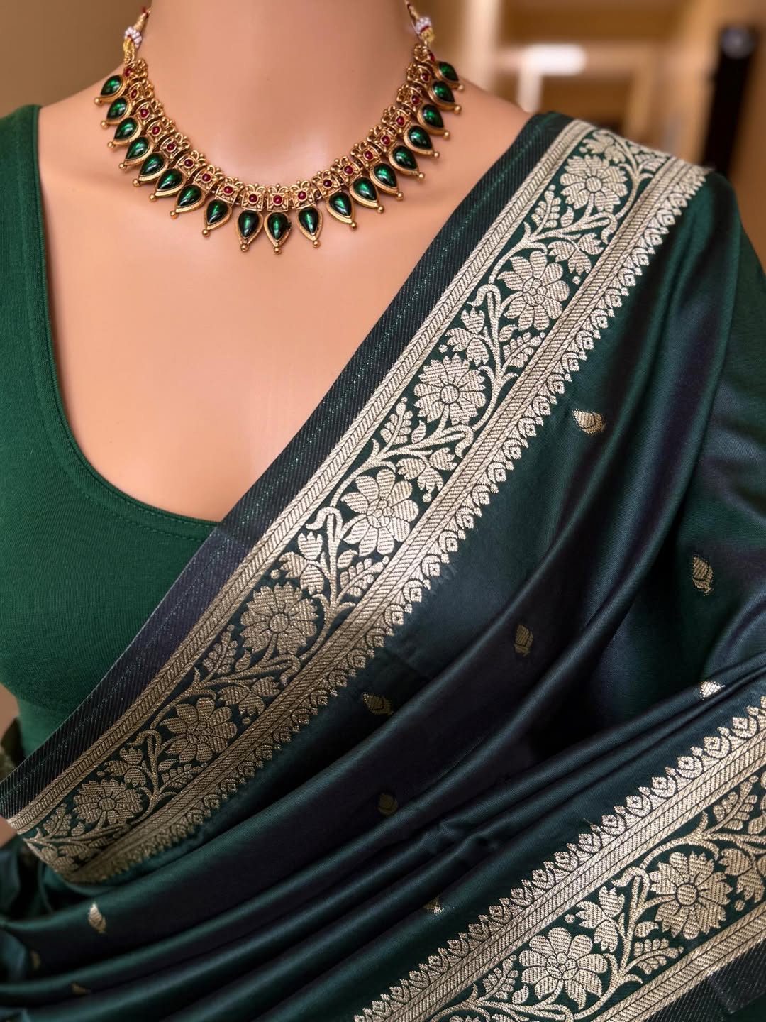 BOTTLE GREEN SOFT SILK SAREE WITH GOLDEN ZARI WEAVE BORDER