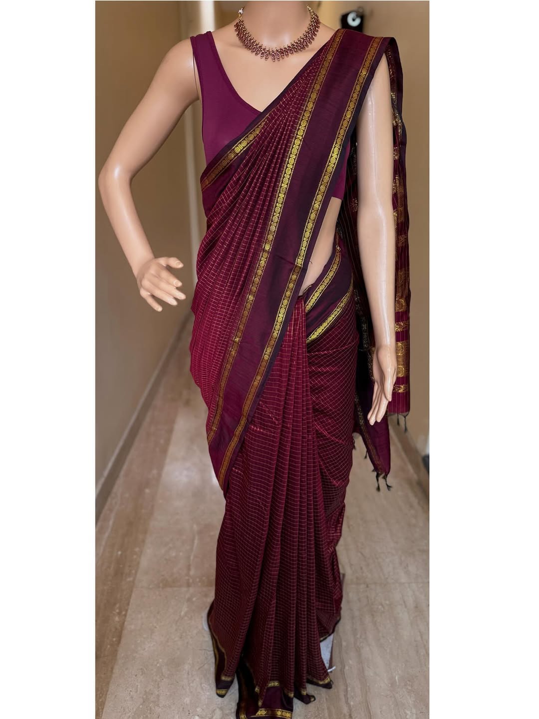 MAROON TRADITIONAL KATTAM COTTON SILK SAREE WITH RUDRAKSHA BORDER