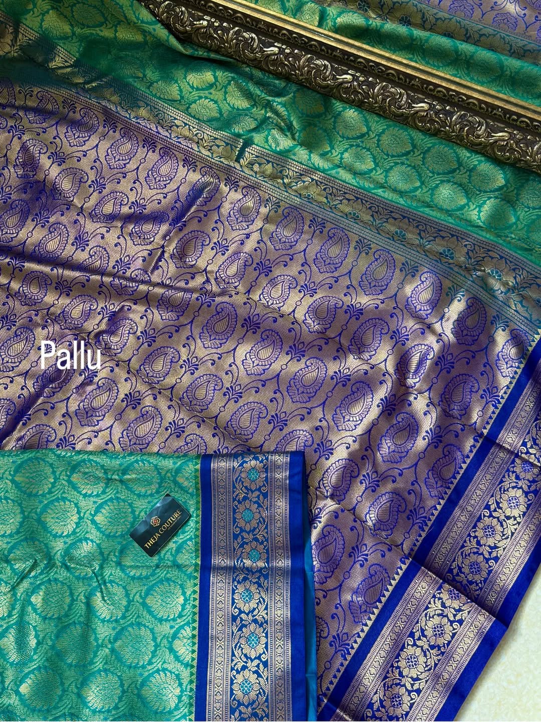 TURQUOISE GREEN ART SILK SAREE WITH BLUE BORDER