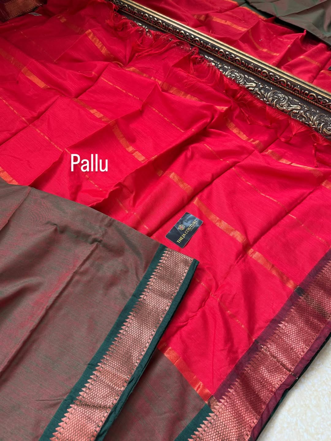 RUST GREEN COTTON SILK SAREE COMES WITH RED BORDER