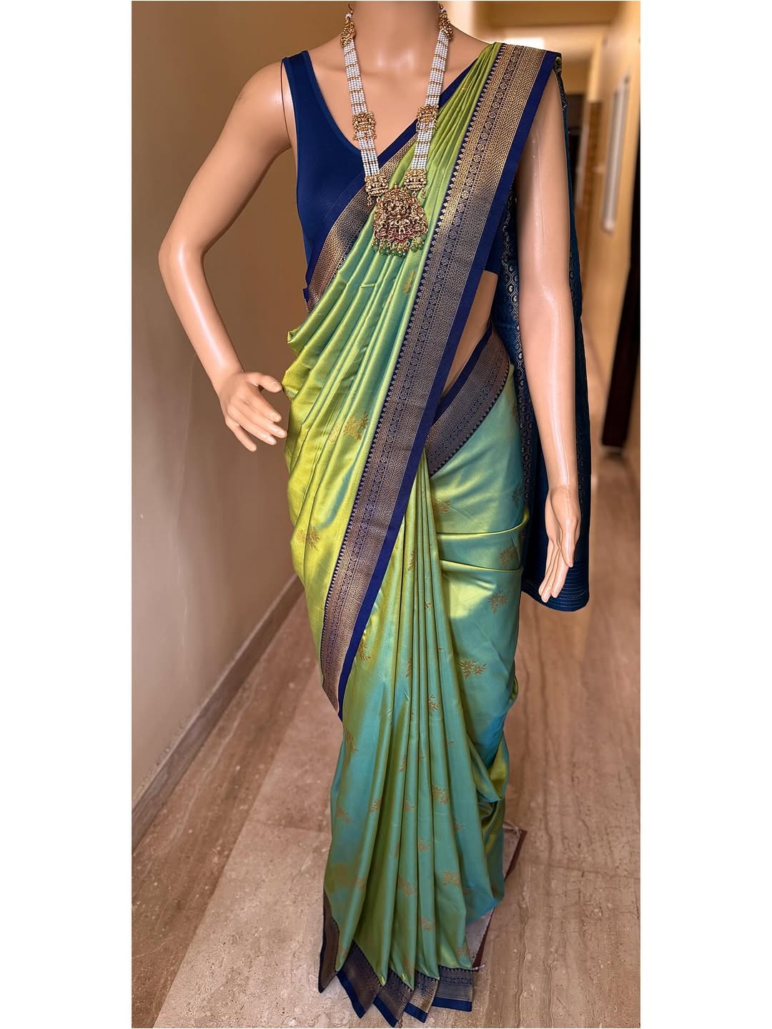 PASTEL GREEN BLUE SOFT ART SILK SAREE WITH NAVY BLUE ZARI WEAVE BORDER