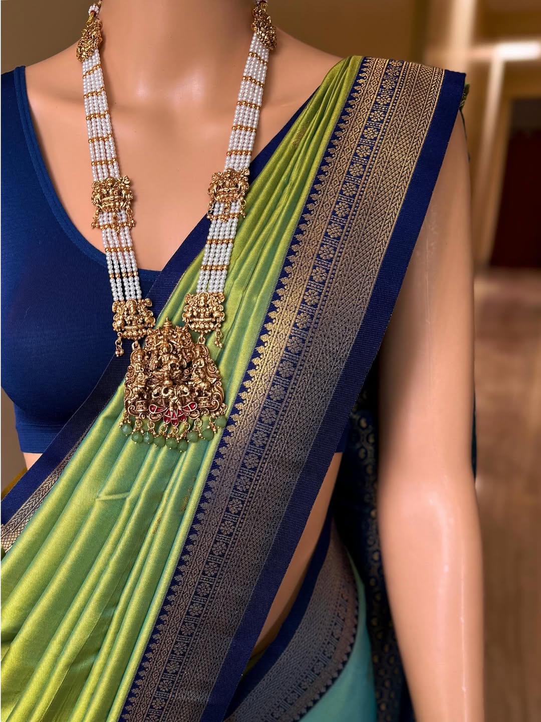 PASTEL GREEN BLUE SOFT ART SILK SAREE WITH NAVY BLUE ZARI WEAVE BORDER