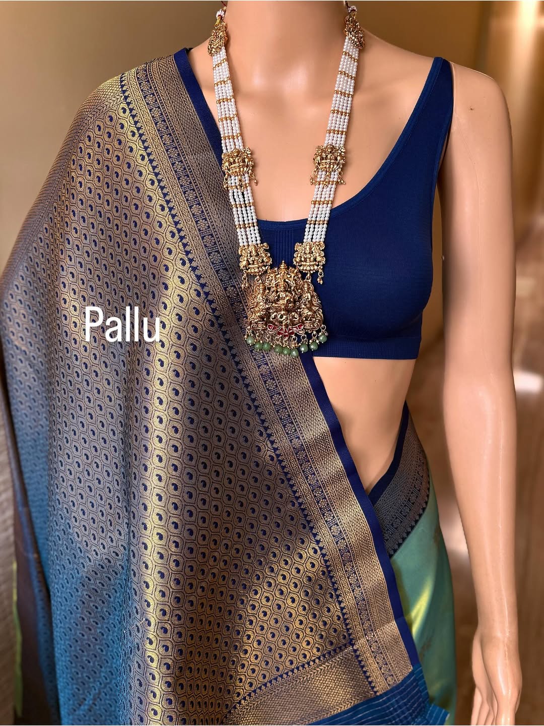 PASTEL GREEN BLUE SOFT ART SILK SAREE WITH NAVY BLUE ZARI WEAVE BORDER