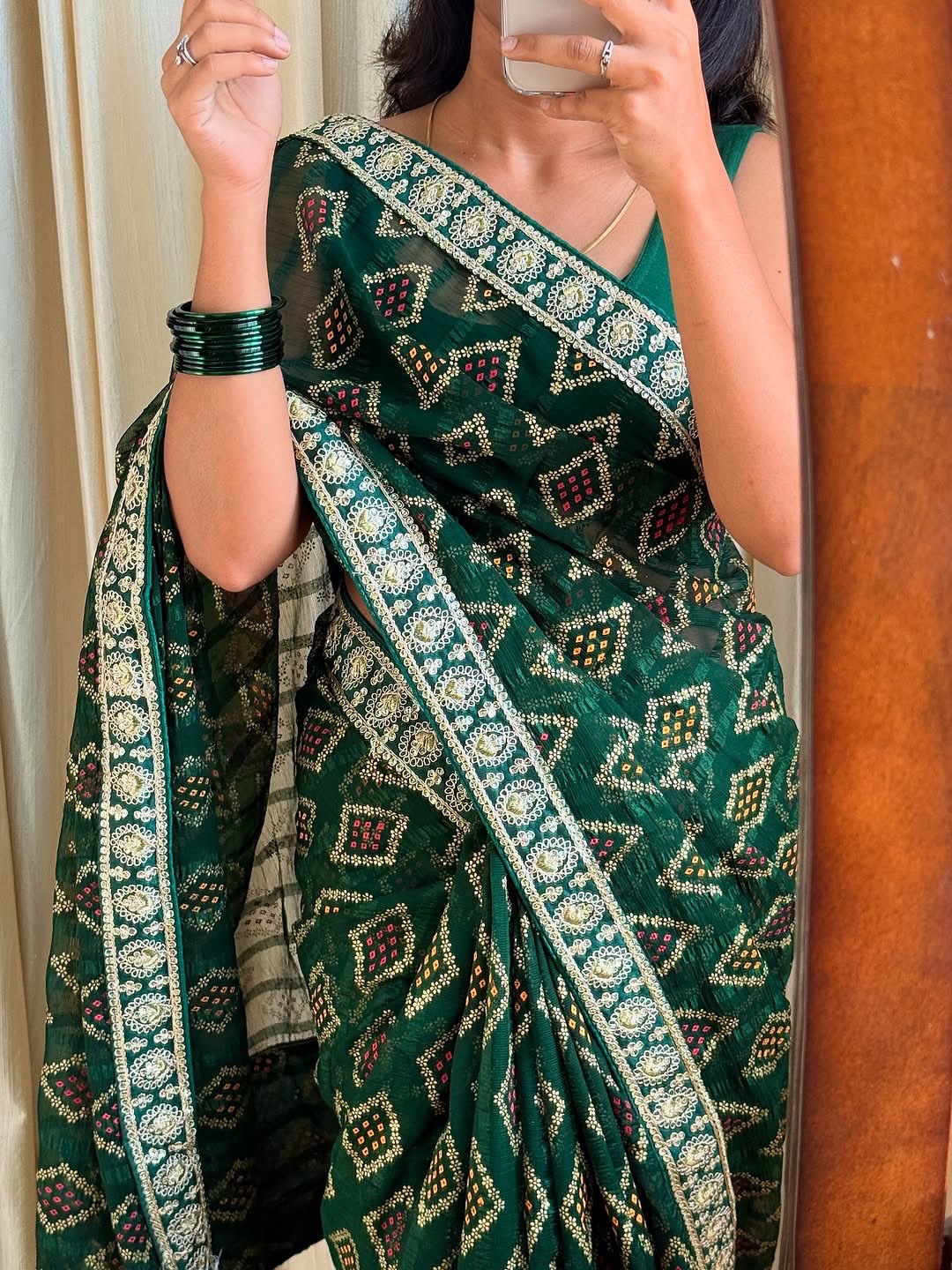 BOTTLE GREEN BANDANI PRINTED GEORGETTE SAREE