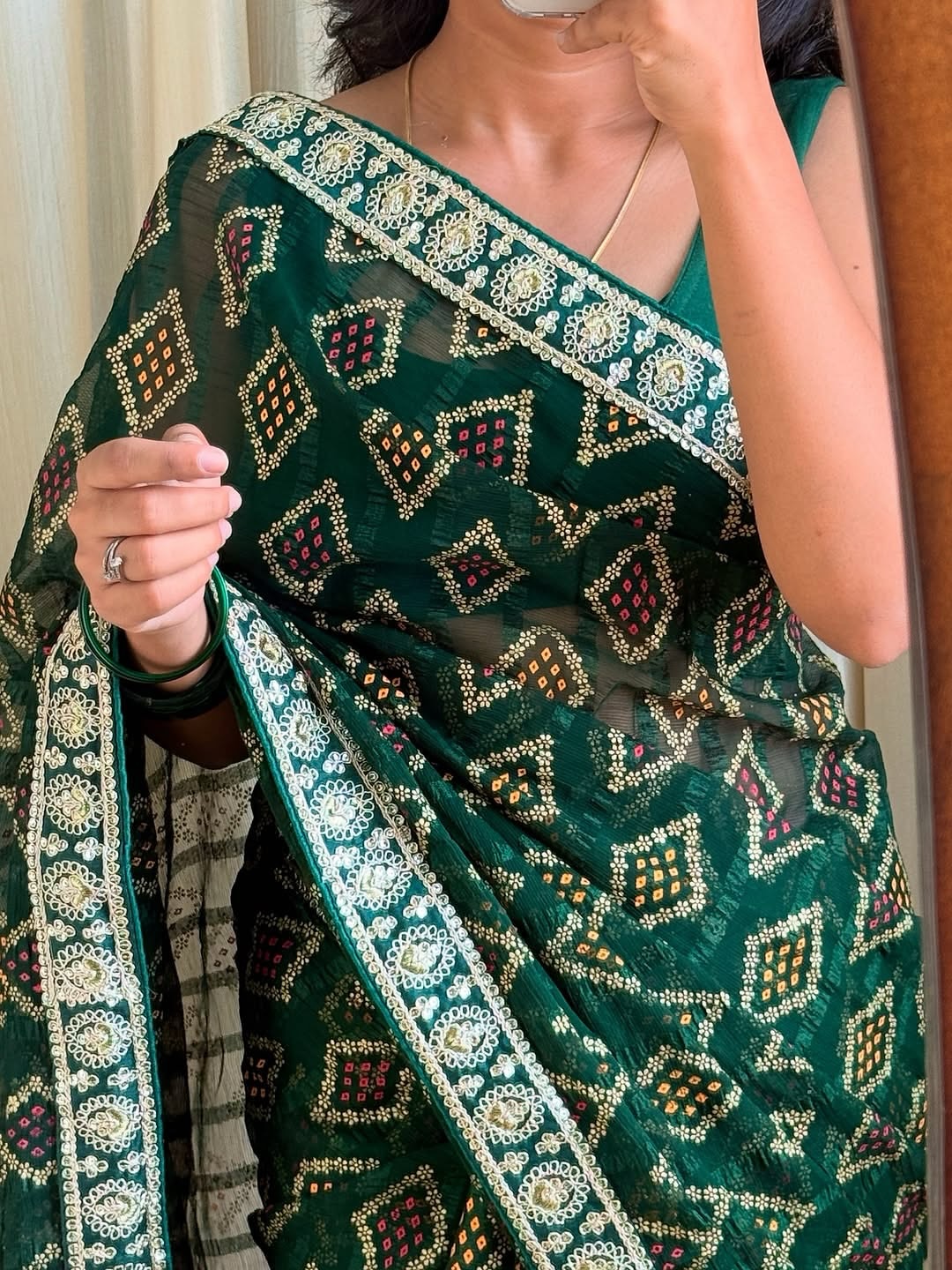 BOTTLE GREEN BANDANI PRINTED GEORGETTE SAREE