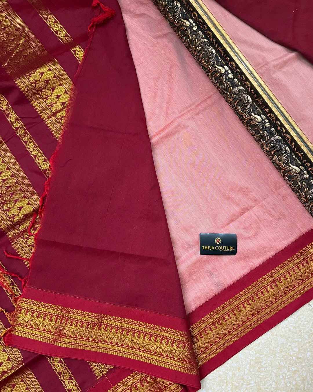 PEACH COTTON SILK SAREE WITH RED BORDER