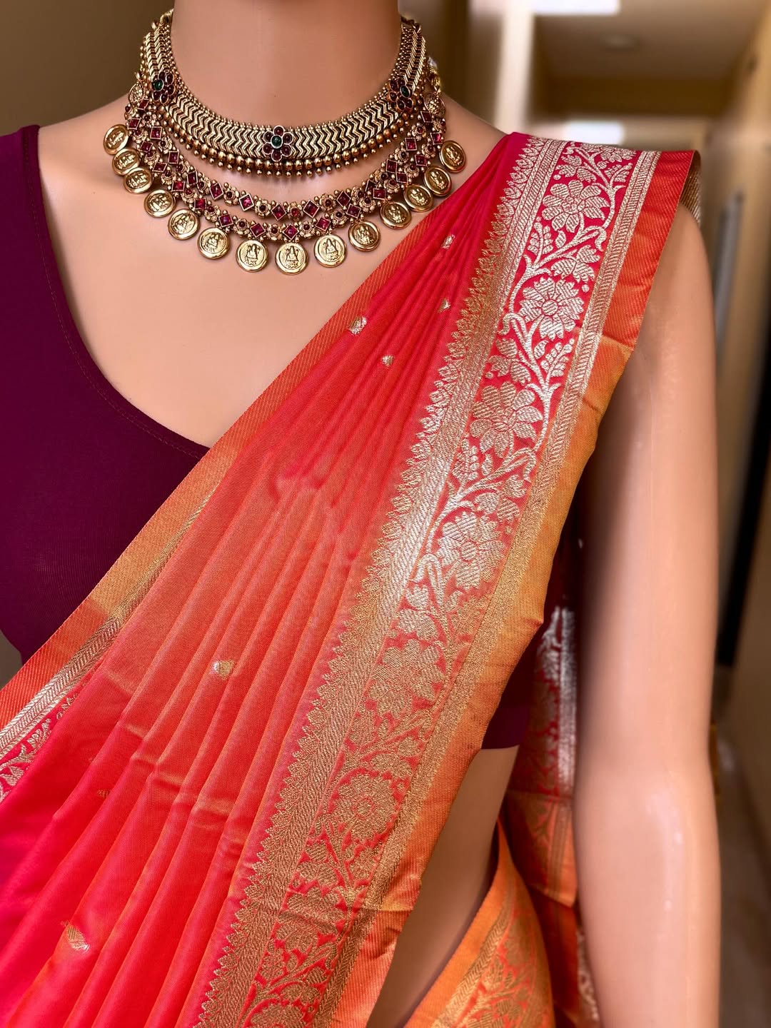 PINK ORANGE DUAL SHADE SOFT ART SILK SAREE WITH ZARI WEAVE BORDER