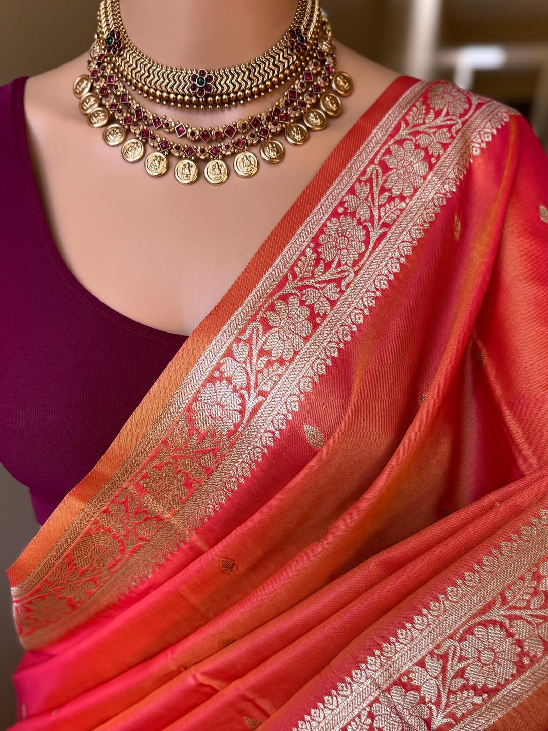 PINK ORANGE DUAL SHADE SOFT ART SILK SAREE WITH ZARI WEAVE BORDER
