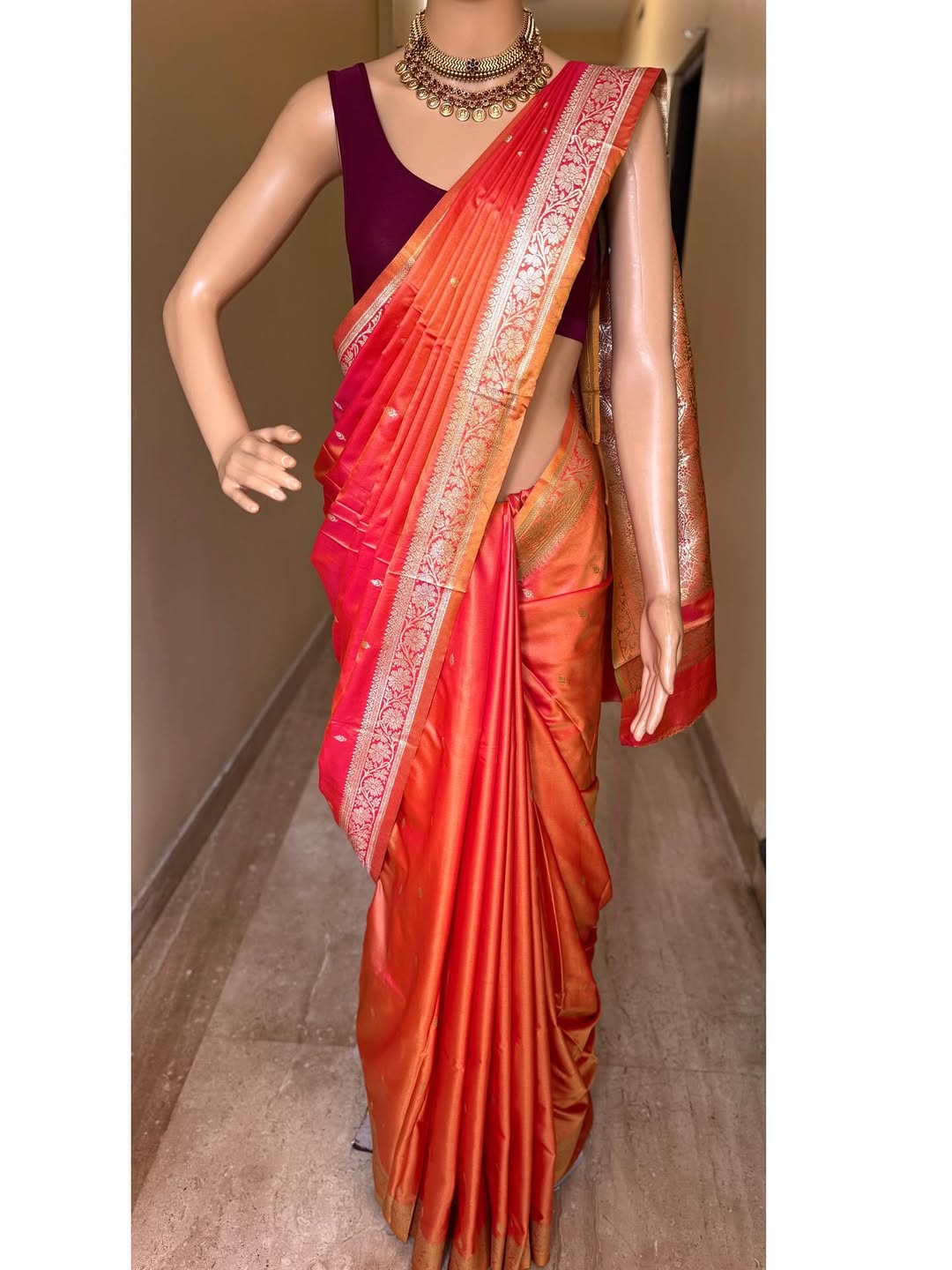 PINK ORANGE DUAL SHADE SOFT ART SILK SAREE WITH ZARI WEAVE BORDER
