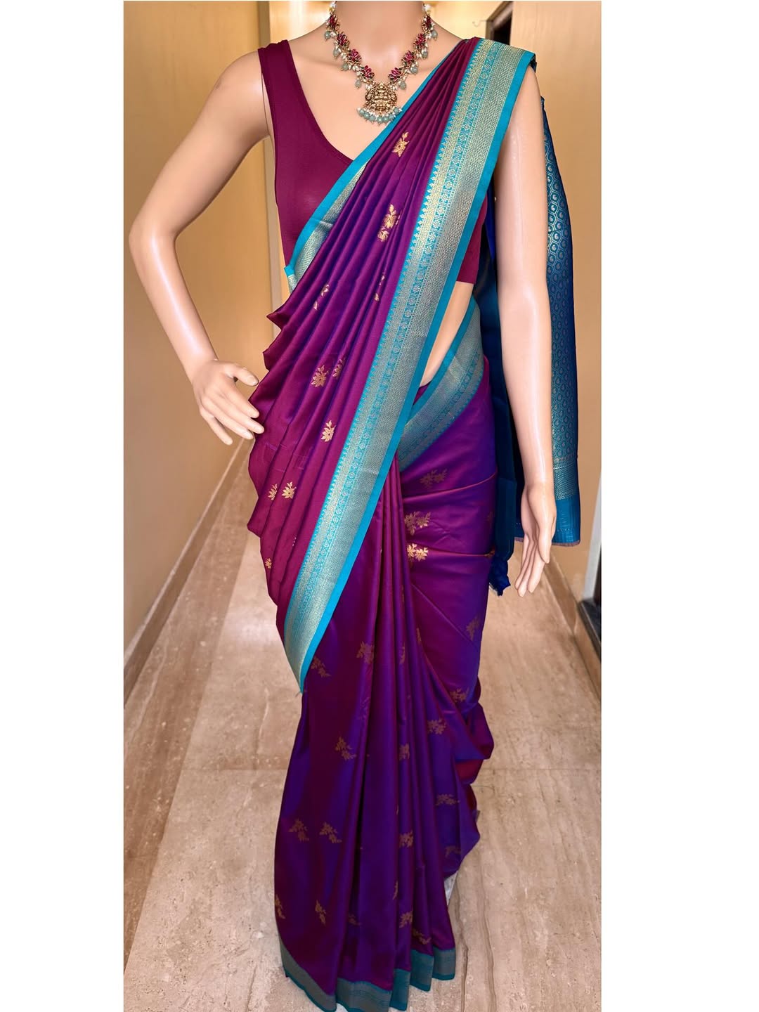 MAGENTA DUAL SHADE ART SILK SAREE WITH SKY BLUE BORDER