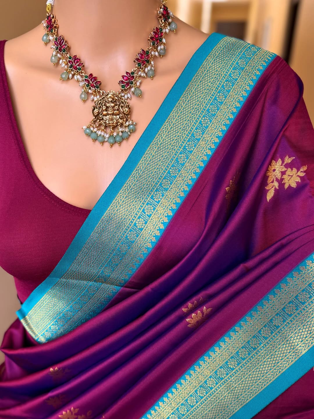 MAGENTA DUAL SHADE ART SILK SAREE WITH SKY BLUE BORDER