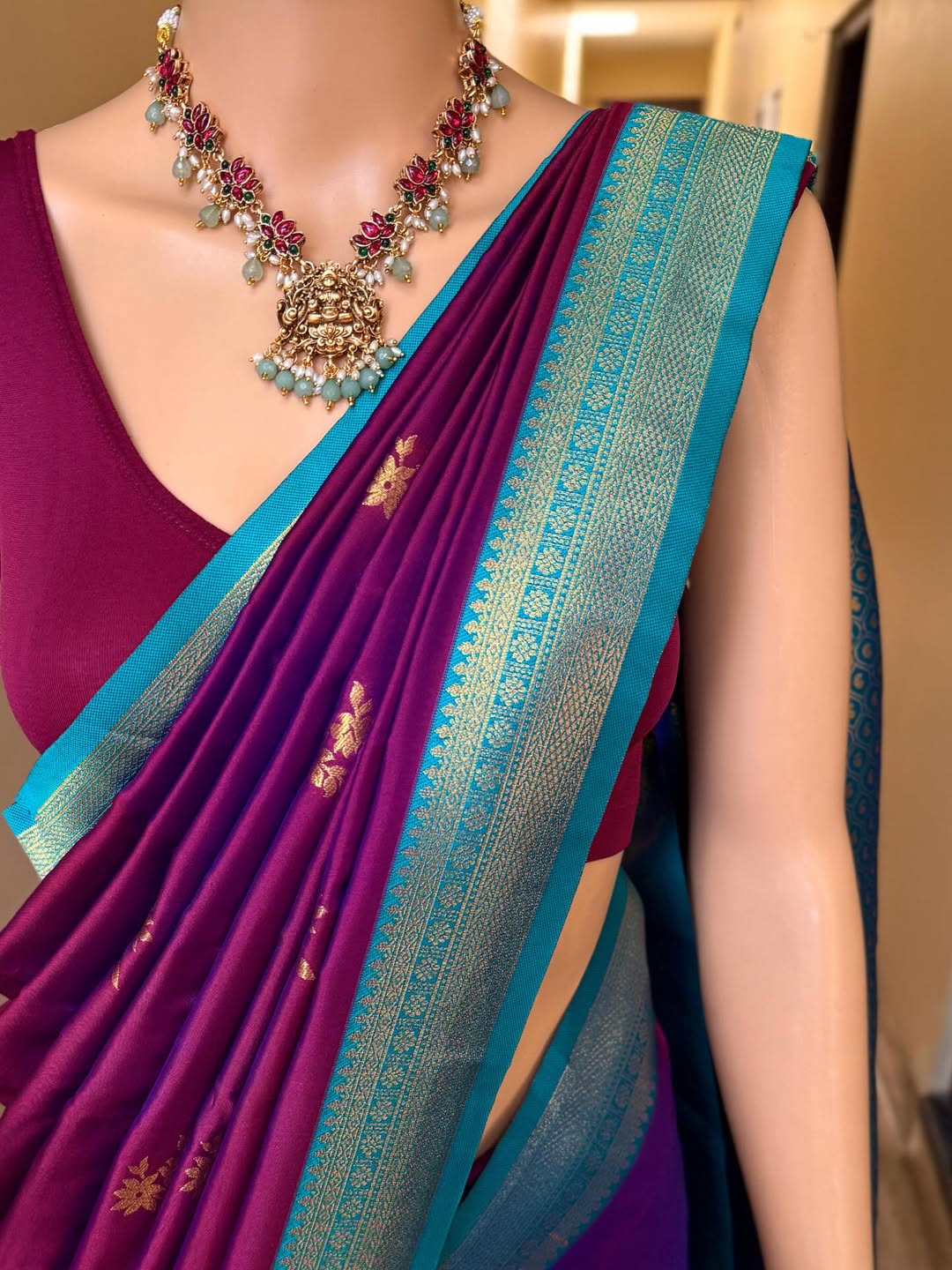MAGENTA DUAL SHADE ART SILK SAREE WITH SKY BLUE BORDER