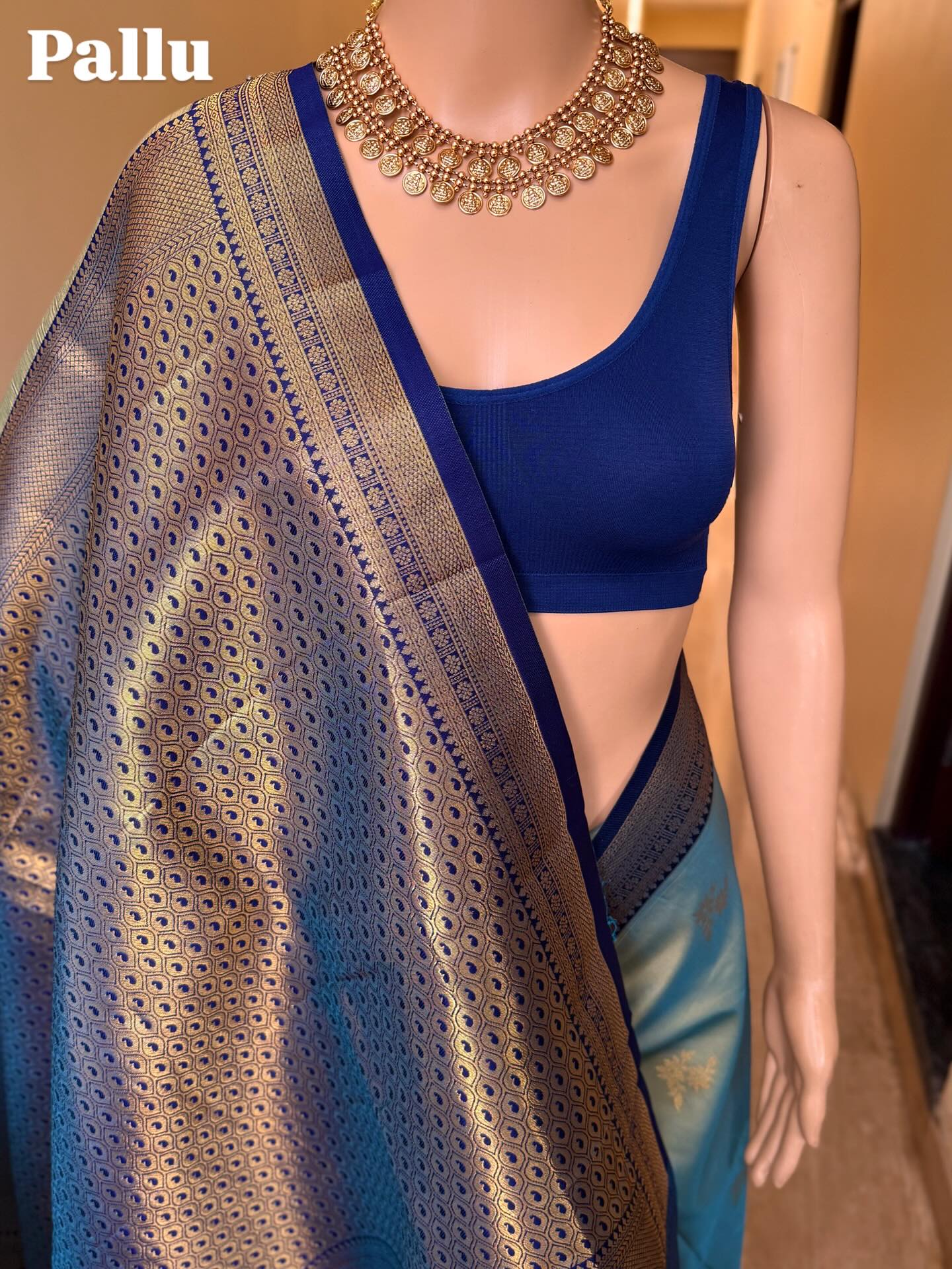 AQUA GREEN DUAL SHADE ART SILK SAREE WITH NAVY BLUE ZARI WEAVE BORDER