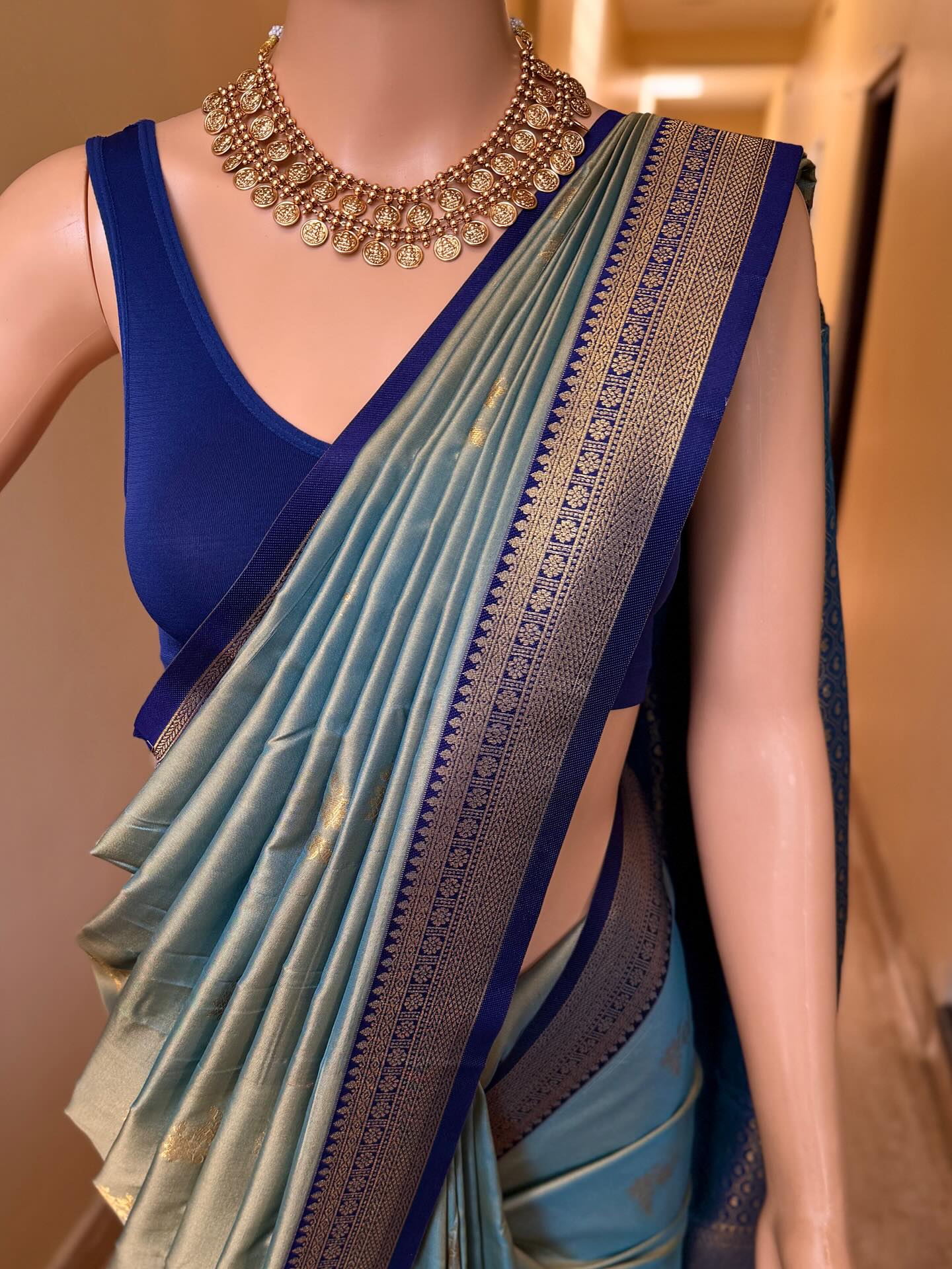 AQUA GREEN DUAL SHADE ART SILK SAREE WITH NAVY BLUE ZARI WEAVE BORDER