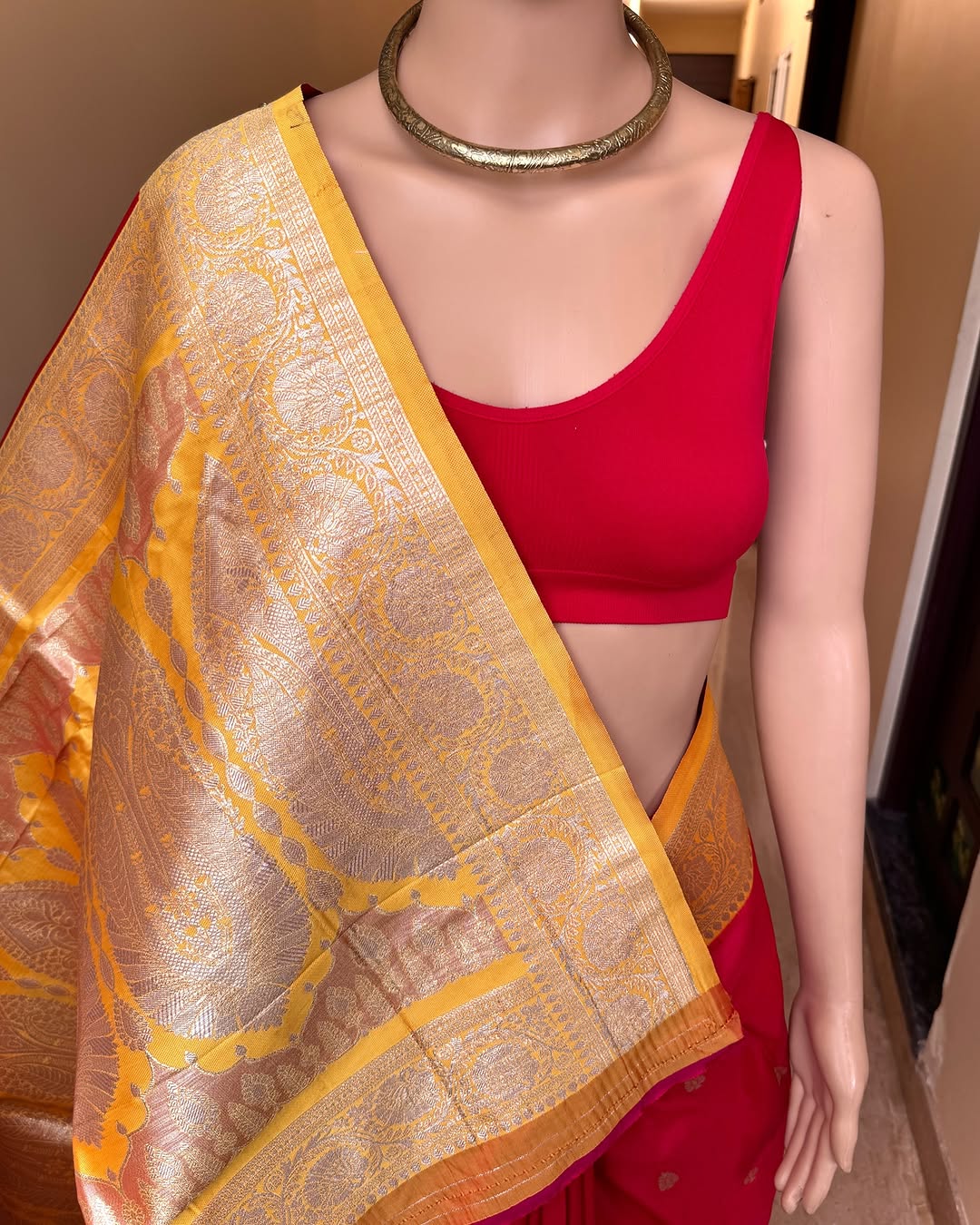 CHILLI RED ART SILK SAREE WITH YELLOW BORDER