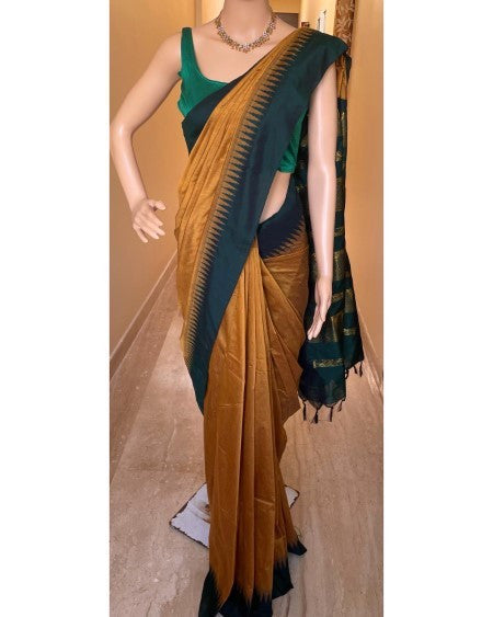 GOLDEN YELLOW COTTON SILK SAREE WITH BOTTLE GREEN TEMPLE BORDER