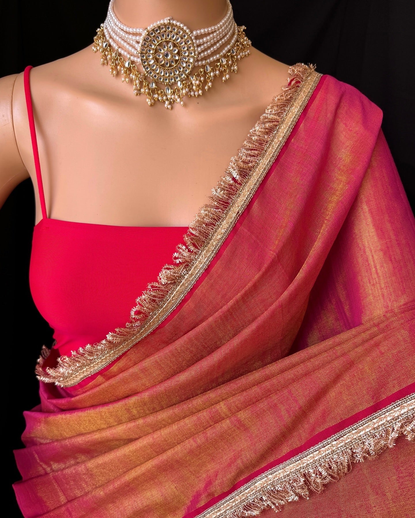 PINK GOLD TISSUE SAREE WITH LACE