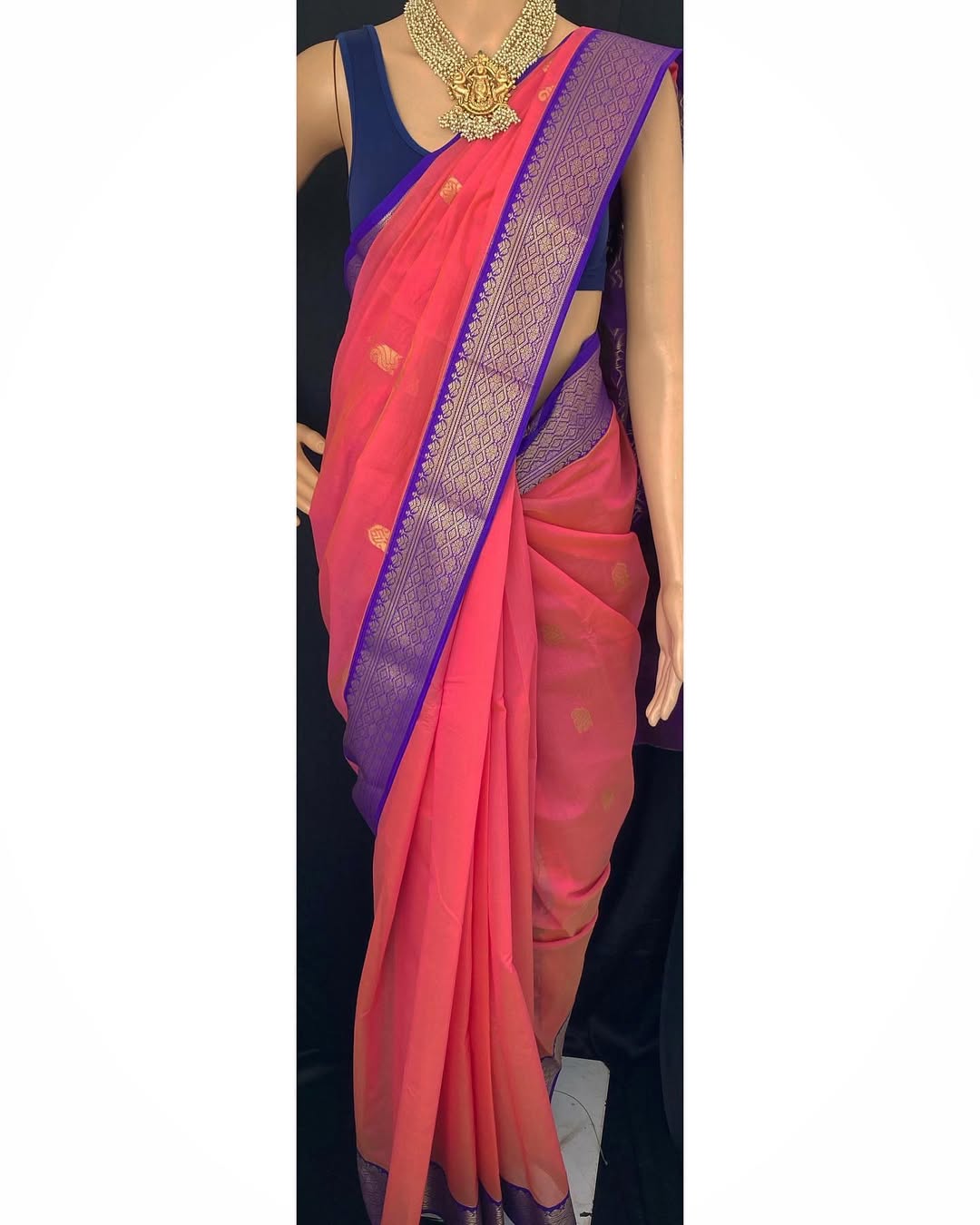 PEACH KORA COTTON SAREE WITH VIOLET BORDER
