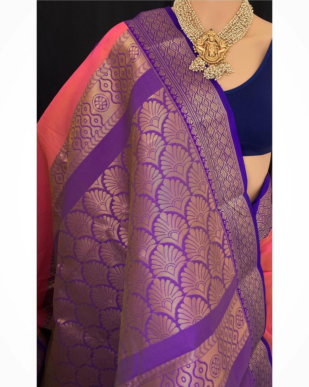PEACH KORA COTTON SAREE WITH VIOLET BORDER