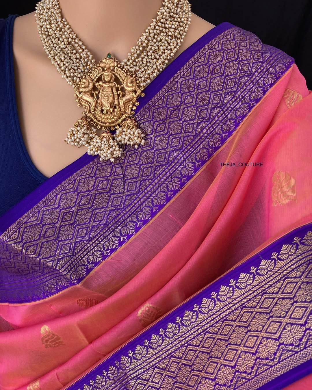 PEACH KORA COTTON SAREE WITH VIOLET BORDER