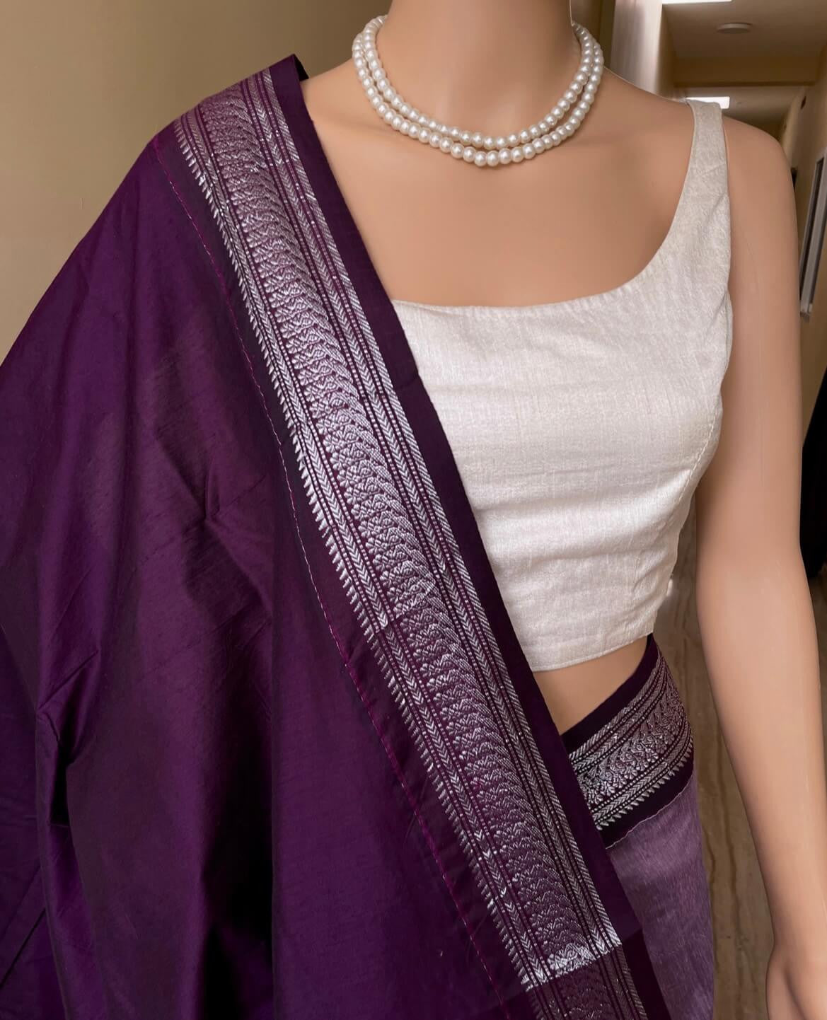 LAVENDER COTTON SILK SAREE WITH SILVER BORDER