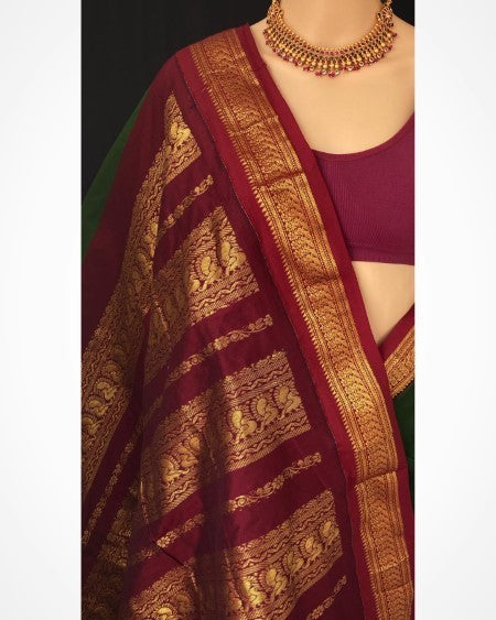 BOTTLE GREEN COTTON SILK SAREE