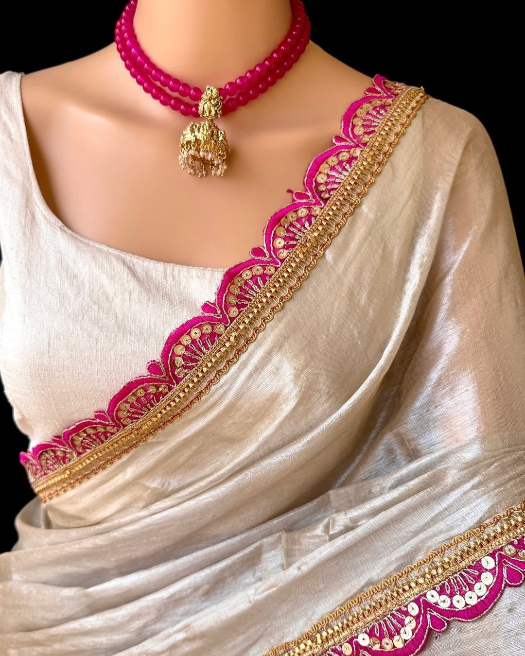 SILVER METALLIC TISSUE SAREE WITH PINK LACE