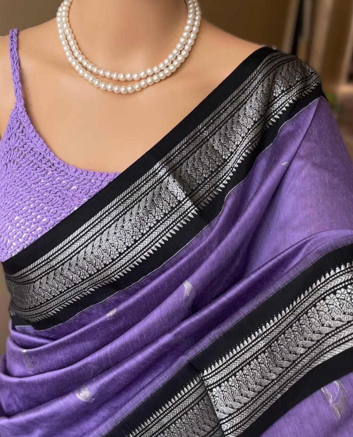 PURPLE COTTON SILK SAREE WITH SILVER BORDER