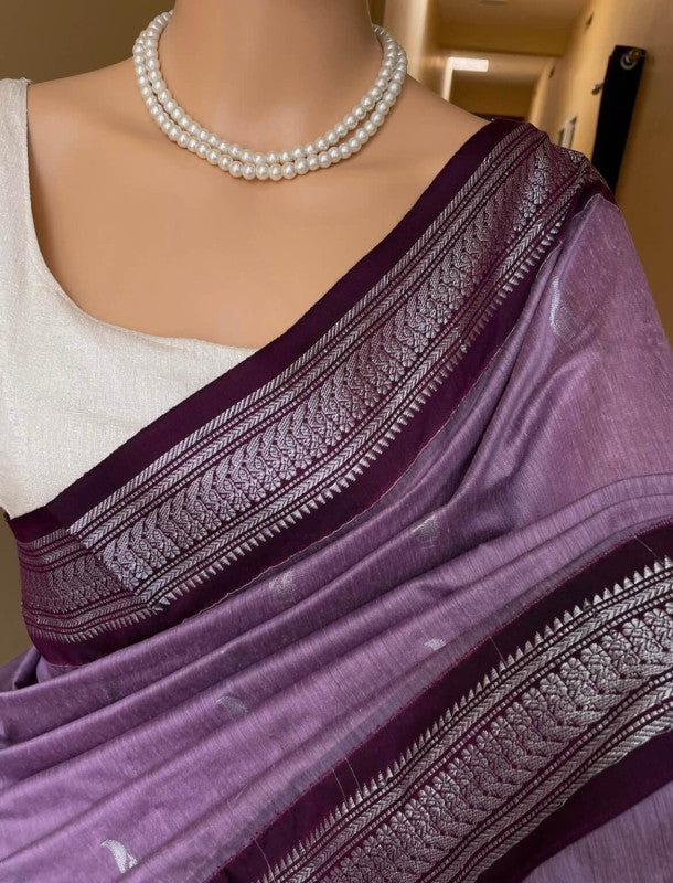 LAVENDER COTTON SILK SAREE WITH SILVER BORDER