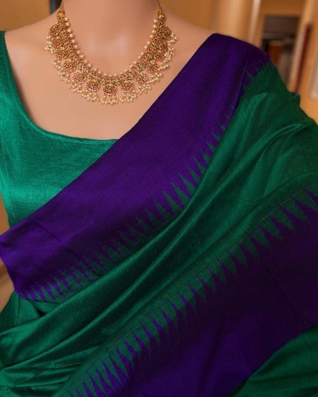 FOREST GREEN COTTON SILK SAREE WITH VIOLET TEMPLE BORDE