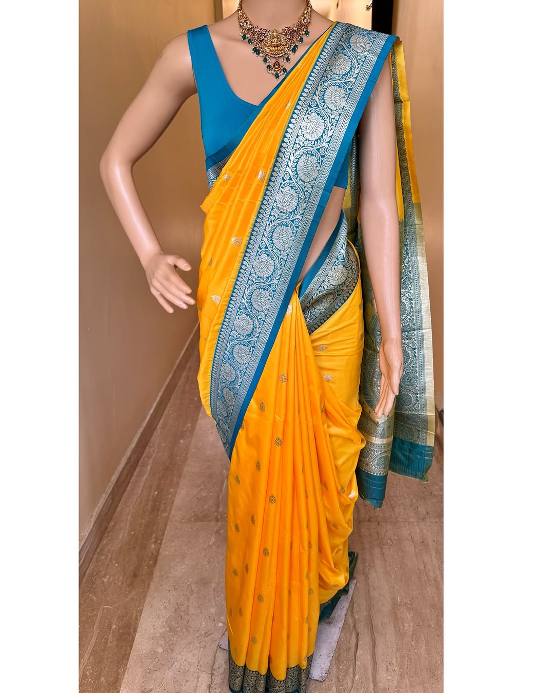 YELLOW ART SILK SAREE WITH SKY BLUE BORDER