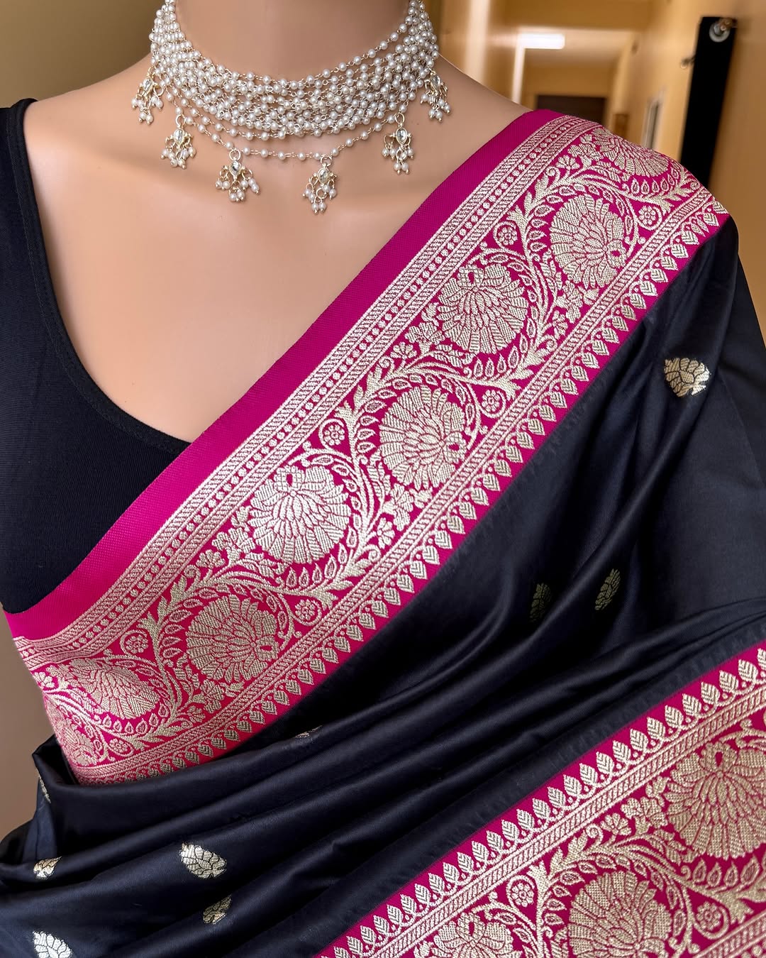 BLACK ART SILK SAREE WITH PINK BORDER