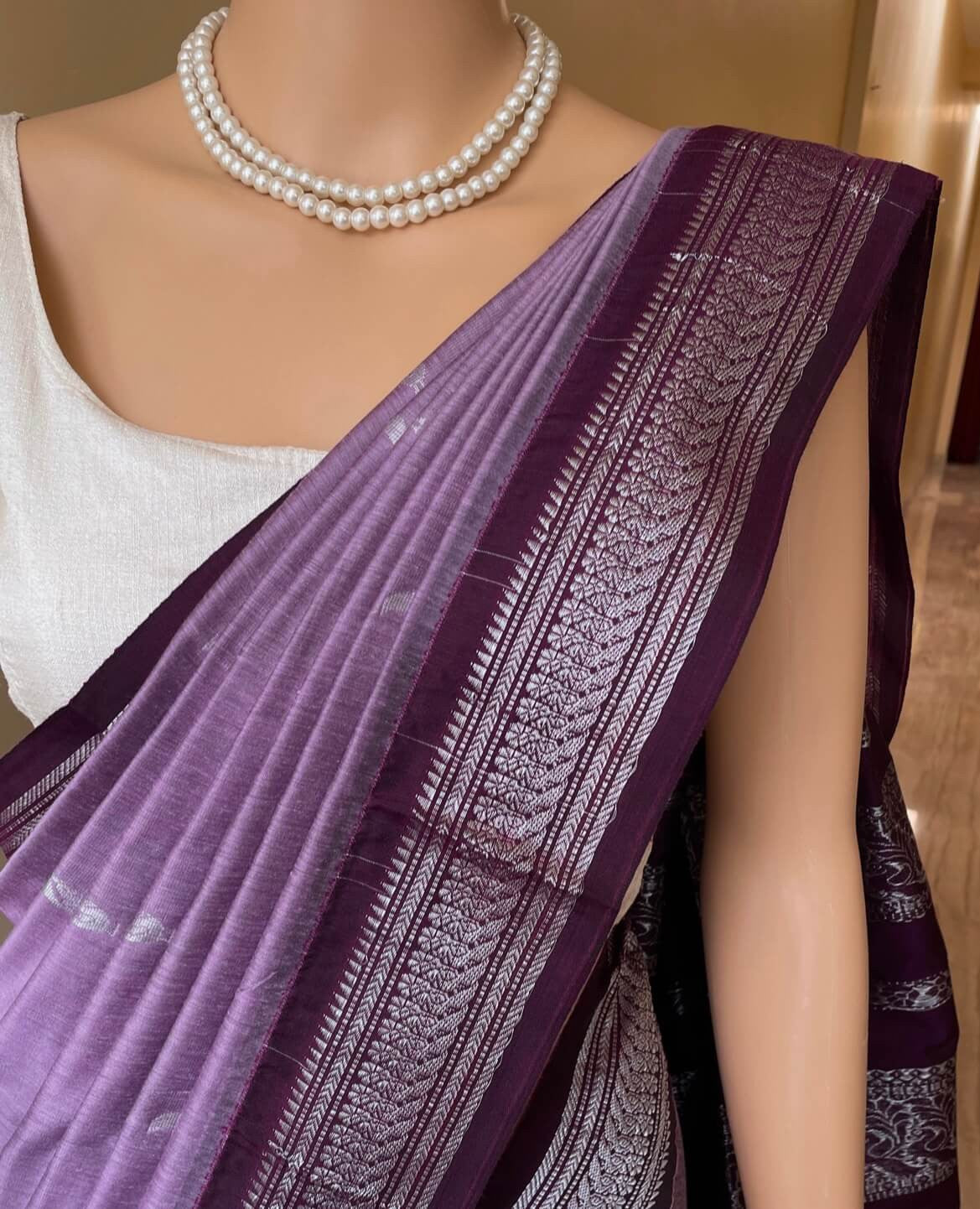LAVENDER COTTON SILK SAREE WITH SILVER BORDER