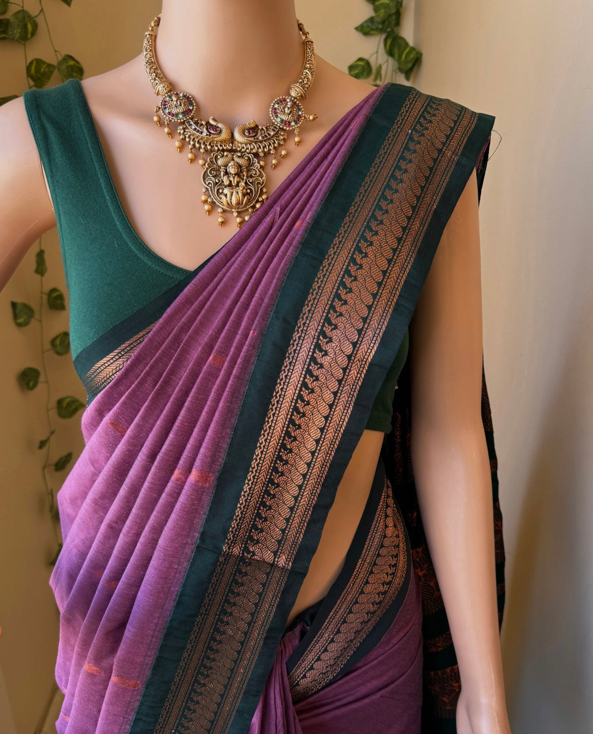 ONION PINK COTTON SILK SAREE WITH PEACOCK BORDER